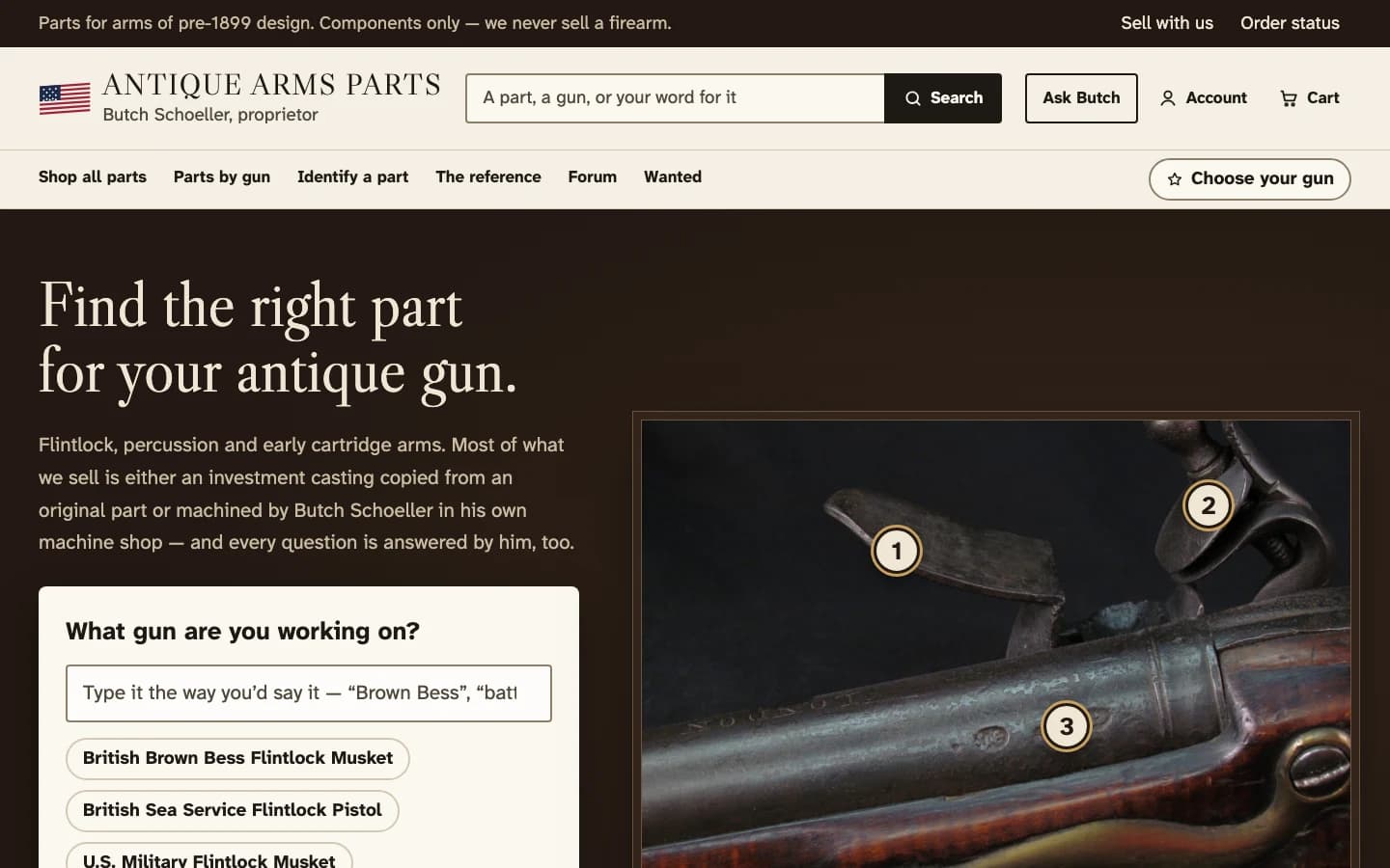 Antique Arms Parts storefront and parts discovery interface