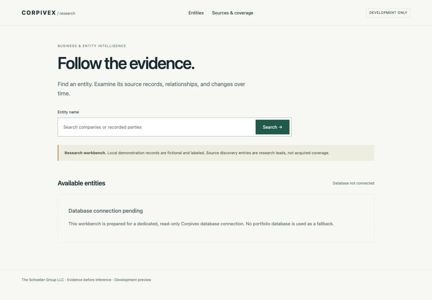 Corpivex development workbench with entity search and development status