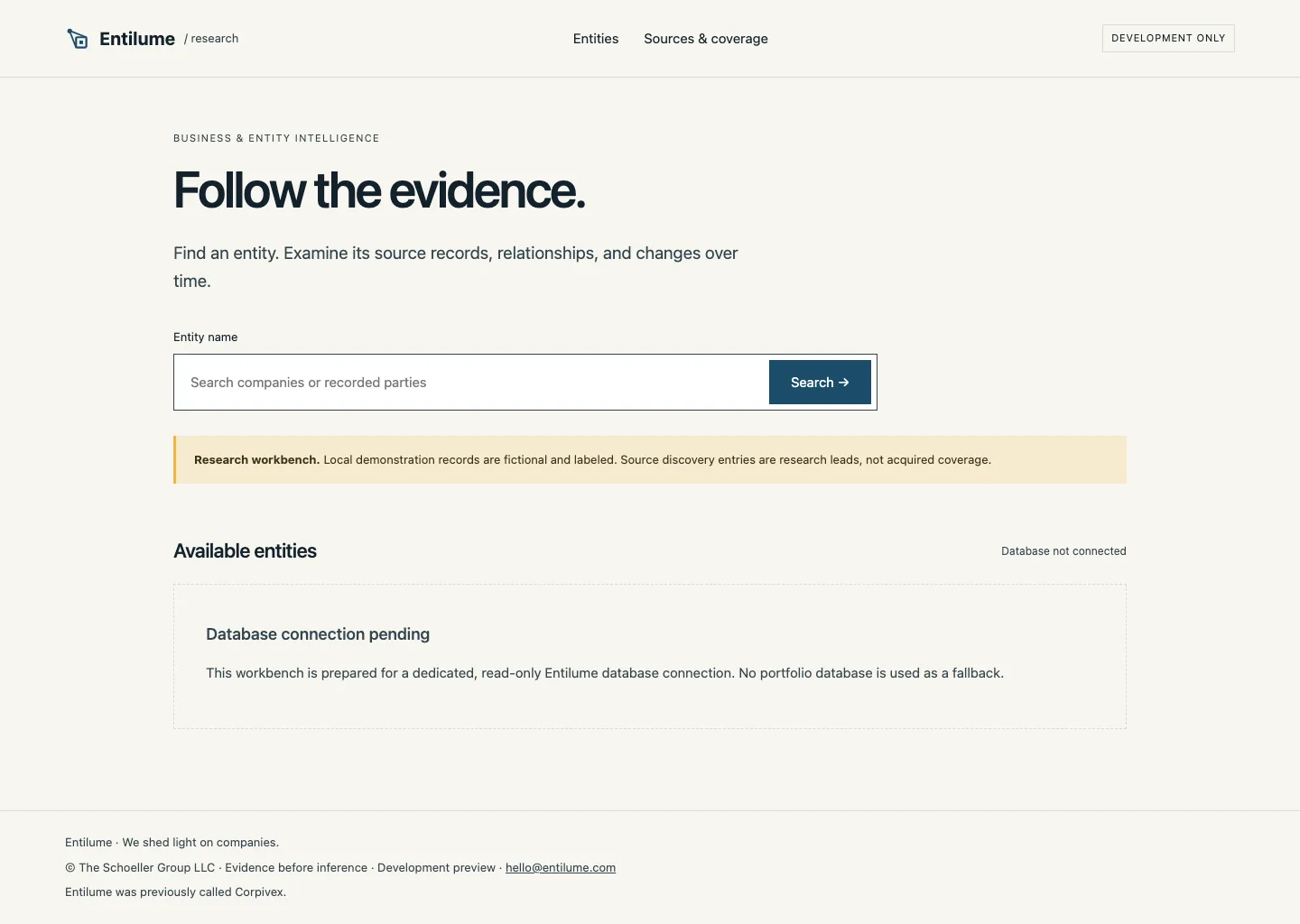 Entilume development workbench with an entity search box, a research-workbench notice, and a “Database connection pending” message