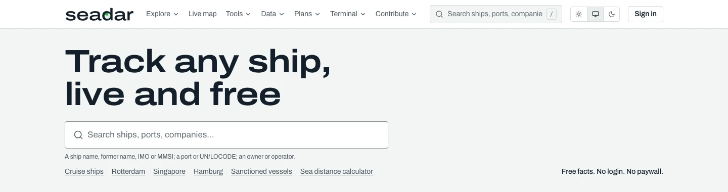 Seadar public vessel, port, and company search interface