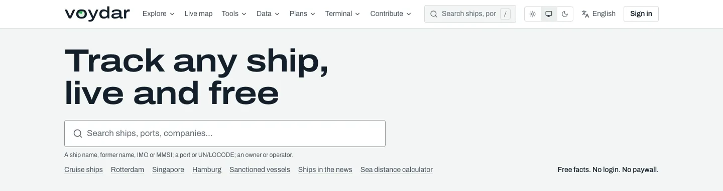 Voydar homepage with the headline “Track any ship, live and free” and a search box for ships, ports, and companies